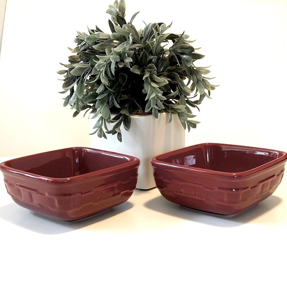 Set of 2 Longaberger Woven Traditions pottery stoneware Paprika Square Bowls